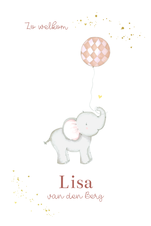 Lief geboortekaartje olifant met ballon goudfolie