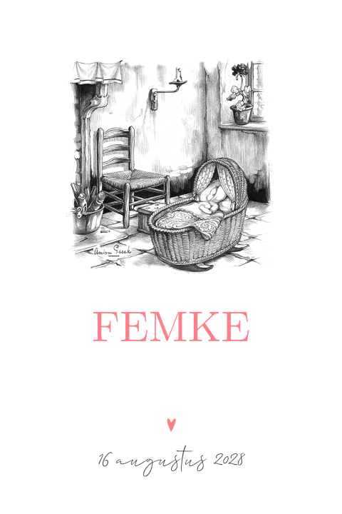 Geboortekaartje Anton Pieck baby rotan schommelwiegje