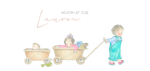 Enkele geboortekaart bolderkar baby met zus en broer