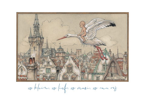 Anton Pieck geboortekaart ooievaar boven stad