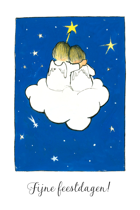 Kerstkaart engelen zittend op wolk