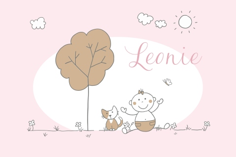 Geboortekaartje meisje baby met kat in lijntekening