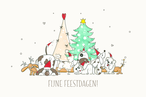 Vrolijke kerstkaart honden met kerstbomen