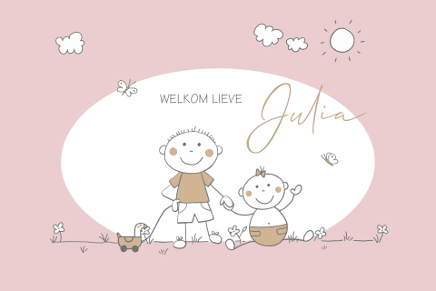 Geboortekaartje baby meisje met grote broer in lijntekening