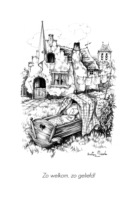 Anton Pieck geboortekaartje baby wiegje