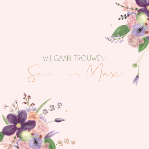 Trouwkaart met bloemen in boeket roségoudfolie