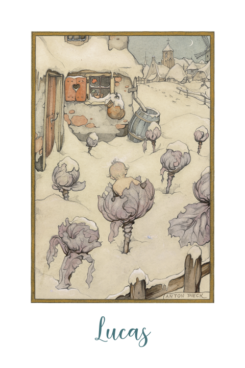 Anton Pieck geboortekaartje baby in winter