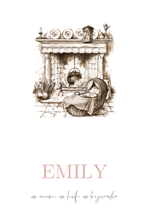 Geboortekaartje Anton Pieck pentekening wiegje haard