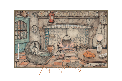 Anton Pieck geboortekaartje rotan wiegje hoogglans