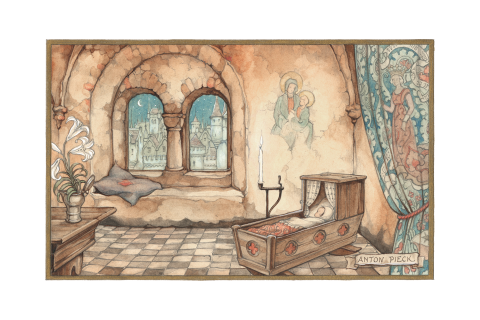Anton Pieck geboortekaartje wiegje Oosterse sfeer