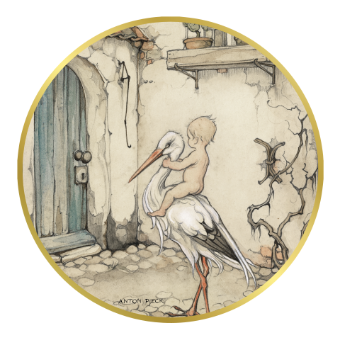 Anton Pieck geboortekaartje ronde vorm ooievaar goudfolie