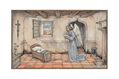 Anton Pieck geboortekaart engel brengt baby naar wiegje