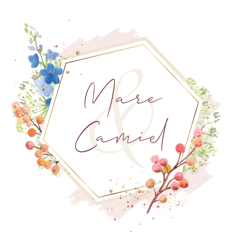 Trouwkaart goudlook frame met bloemen watercolor