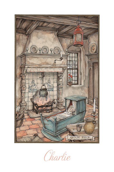 Anton Pieck geboortekaart baby houten wiegje