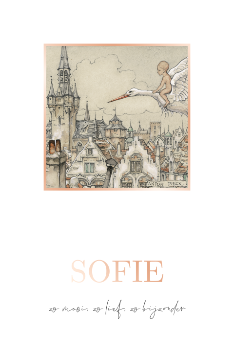 Geboortekaart Anton Pieck baby ooievaar roségoudfolie