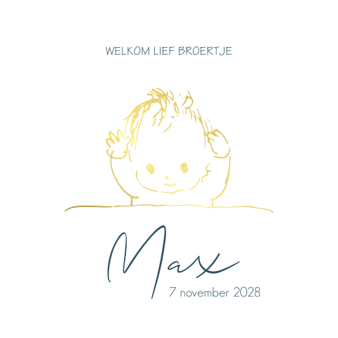 Lief geboortekaartje baby in lijntekening goudfolie