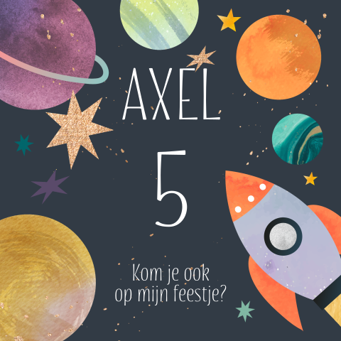 Uitnodiging kinderfeestje planeten sterren raket
