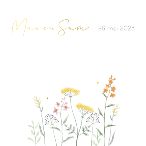 Trouwkaart kleurige veldbloemen goudfolie