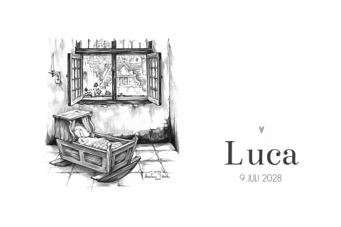 Geboortekaartje Anton Pieck pentekening baby wiegje