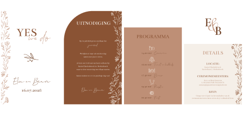 Pocketfold trouwkaart bruin beige bloemen