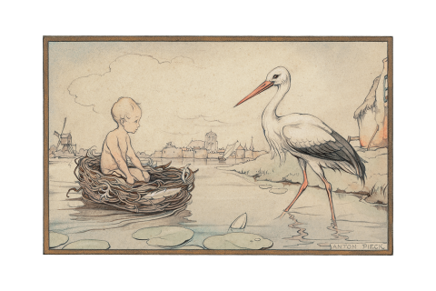 Anton Pieck geboortekaart baby in vogelnest met ooievaar