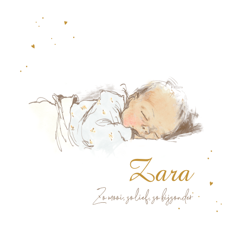 Geboortekaartje meisje pentekening slapende baby hartjes