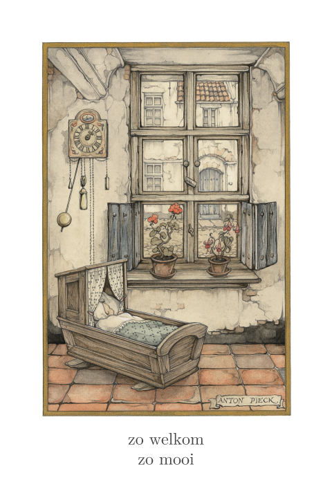 Anton Pieck geboortekaart wiegje baby voor raam