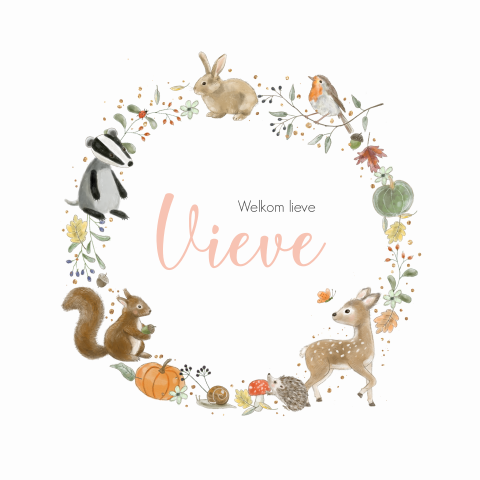 Geboortekaartje meisje krans met bosdieren herfst
