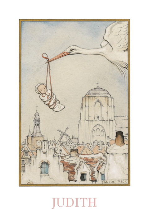 Anton Pieck geboortekaart ooievaar en baby boven stad