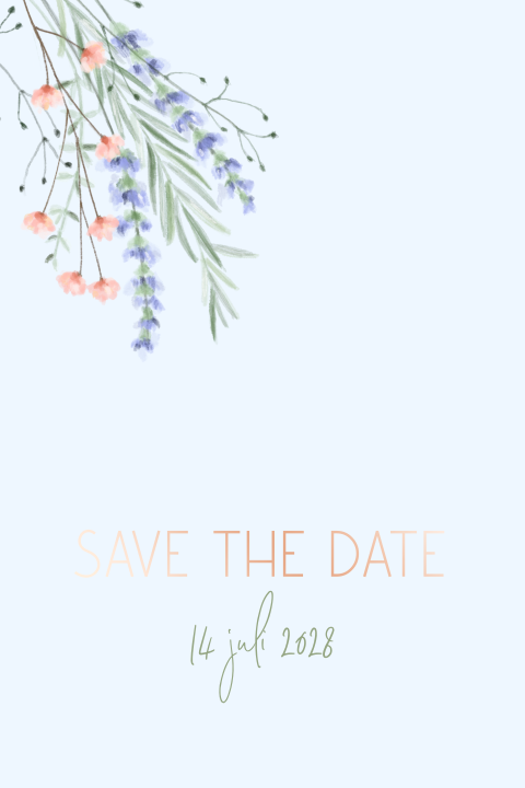 Save the date kaart lavendel roze bloemen roségoudfolie