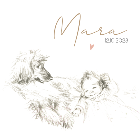Enkele geboortekaart pentekening hond met baby