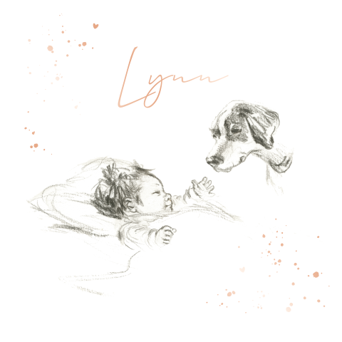 Pentekening geboortekaart baby met hond roségoudfolie
