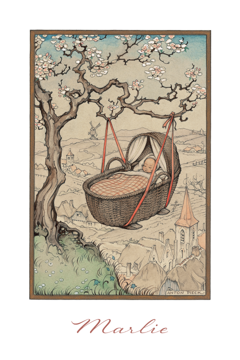 Anton Pieck geboortekaart baby wiegje lente