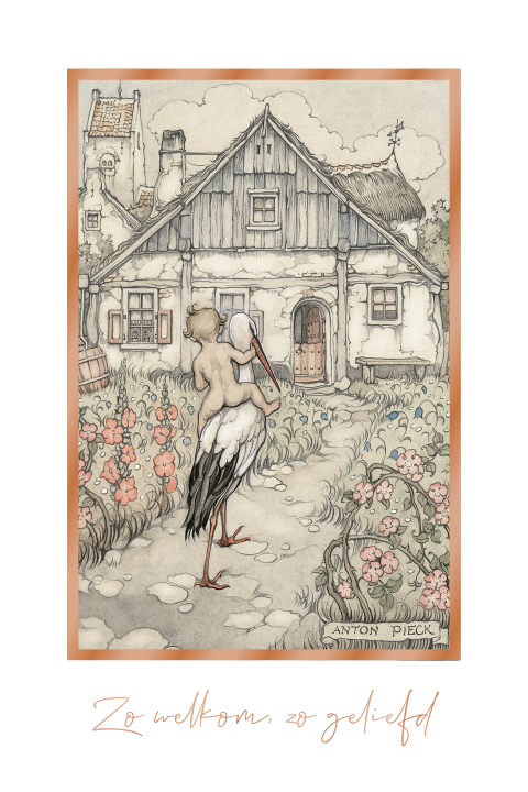 Anton Pieck geboortekaart ooievaar bloemen hoogglans