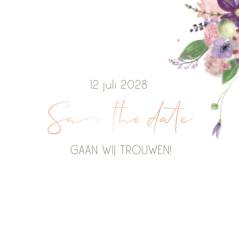 Save the date kaart bloemen roze en paars roségoudfoliedruk