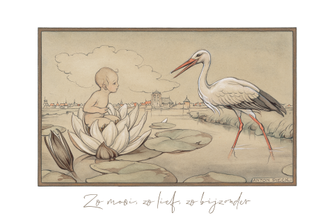 Anton Pieck geboortekaartje baby waterlelie ooievaar