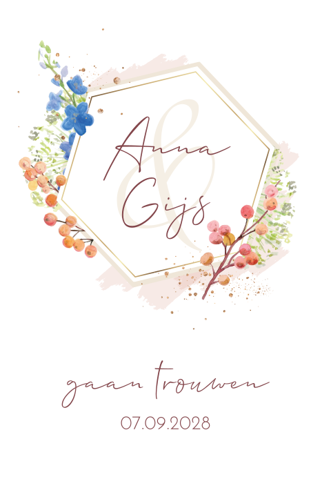 Trouwkaart bloemen frame in goudlook