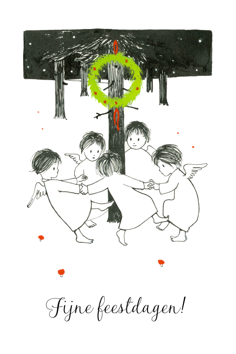Kerstkaart engelen dansend om boom