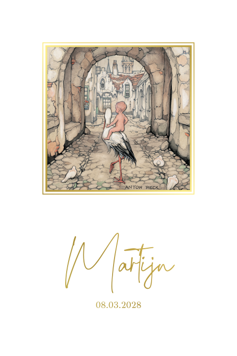 Geboortekaartje Anton Pieck ooievaar goudfolie