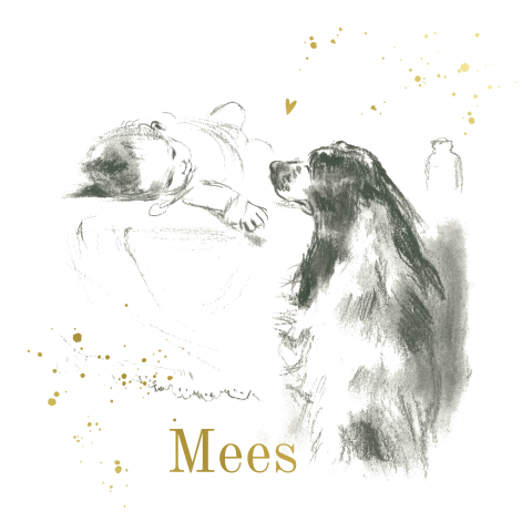 Geboortekaart pentekening baby met hond goudfolie