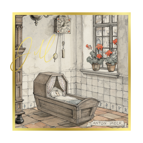 Geboortekaartje Anton Pieck schommelwiegje goudfolie