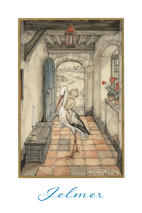 Anton Pieck geboortekaart ooievaar baby in huis