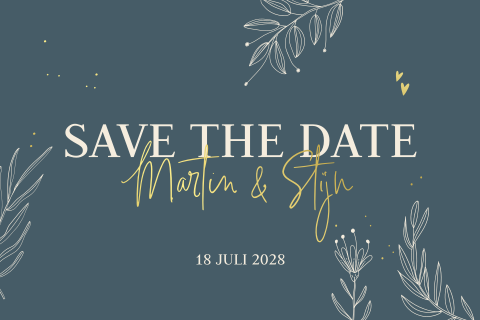 Stoere botanische save the date kaart goudfolie