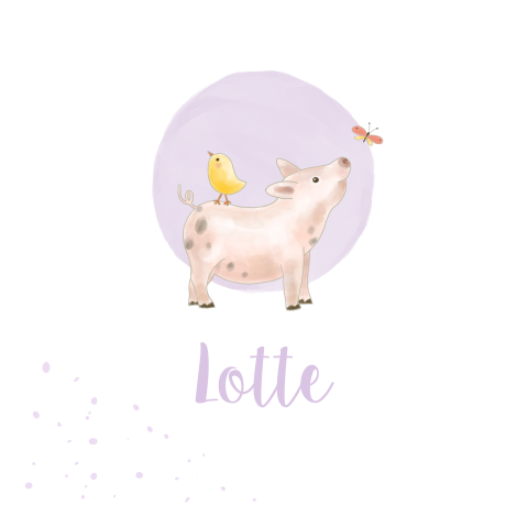 Geboortekaart meisje biggetje met kuiken lila watercolor
