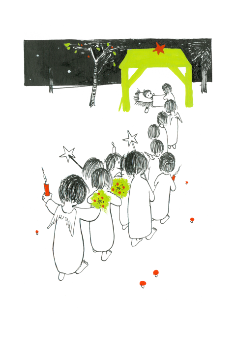 Kerstkaart engelen in rij op weg naar Jezus