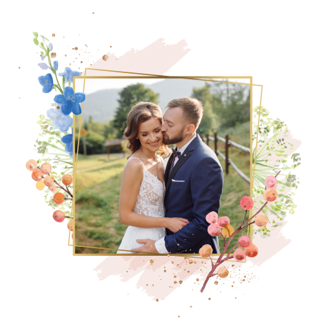 Uitnodiging jubileum huwelijk foto geometrisch kader bloemen