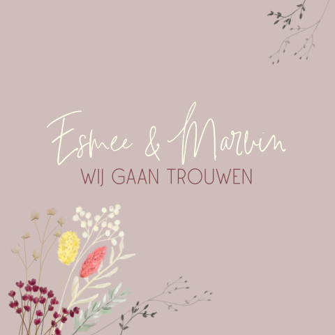 Trouwkaart droogbloemen oudroze
