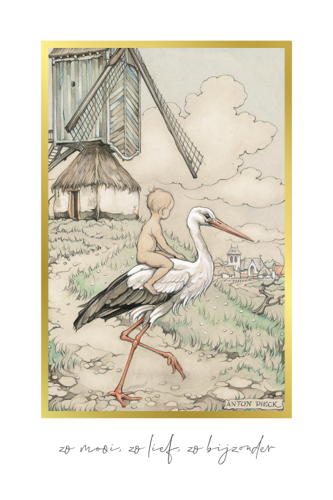 Anton Pieck geboortekaart baby op ooievaar goudfolie