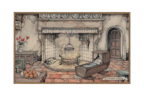 Anton Pieck geboortekaart houten schommelwiegje baby