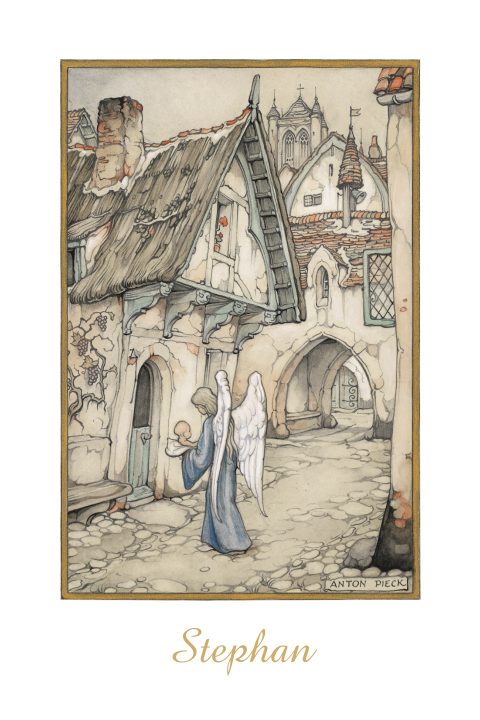 Anton Pieck geboortekaart engel met baby voor huis